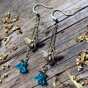 Gold Bee Blue Flower Earrings