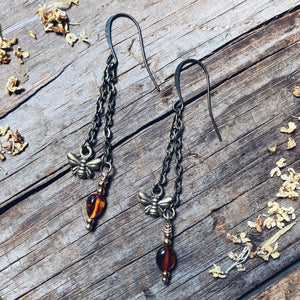 Long Bronze Bee Amber Earrings