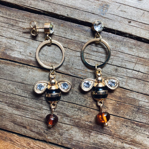 Gold Bee Hoop Amber Earrings