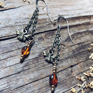 Long Bronze Bee Amber Earrings