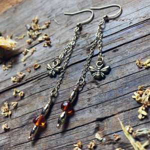 Long Bronze Bee Amber Earrings 2