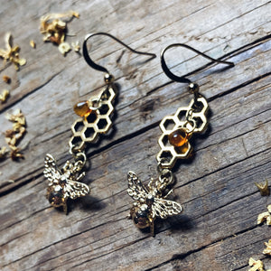 Gold Bee Honeycomb Amber Earrings