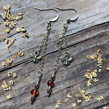 Load image into Gallery viewer, Long Bronze Bee Amber Earrings 2
