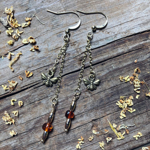 Long Bronze Bee Amber Earrings 2