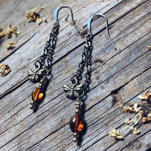 Load image into Gallery viewer, Long Bronze Bee Amber Earrings
