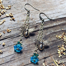 Load image into Gallery viewer, Gold Bee Blue Flower Earrings
