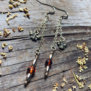 Long Bronze Bee Amber Earrings 2