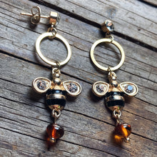 Load image into Gallery viewer, Gold Bee Hoop Amber Earrings
