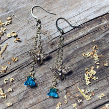 Load image into Gallery viewer, Gold Bee Blue Flower Earrings
