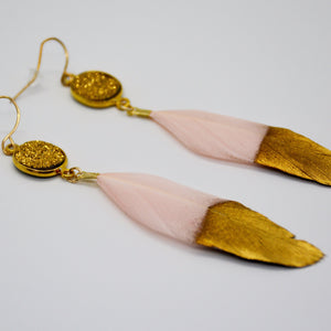Pink Feather with Gold Druzy Stone Earrings
