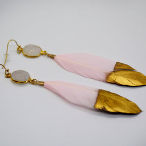 Pink Feather with White Druzy Stone Earrings