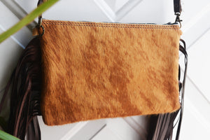 Tan Hair on Hide Leather Fringe & Navajo Handbag/Crossbody