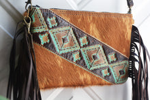Load image into Gallery viewer, Tan Hair on Hide Leather Fringe &amp; Navajo Handbag/Crossbody
