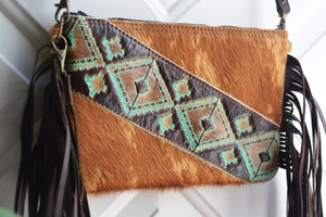 Tan Hair on Hide Leather Fringe & Navajo Handbag/Crossbody