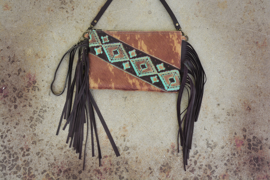 Tan Hair on Hide Leather Fringe & Navajo Handbag/Crossbody