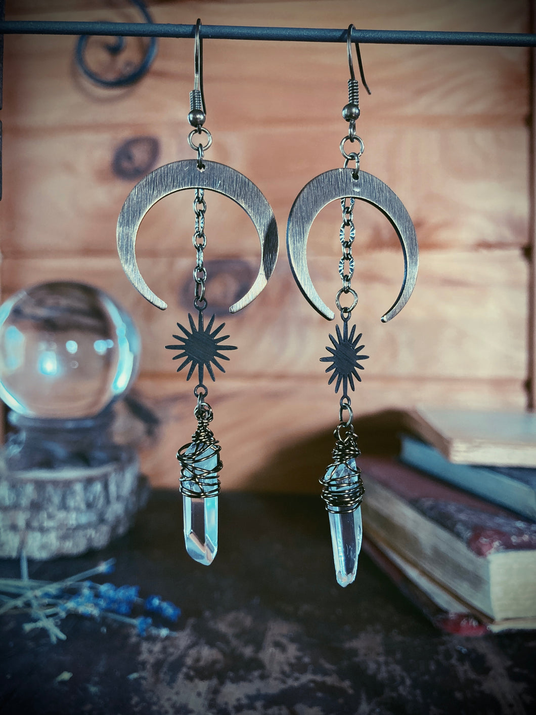 Sun and Moon Earrings with Quartz Crystals